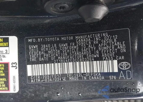 2012 Toyota Corolla S из США, поврежденный, VIN 2T1BU4EE0CC803264